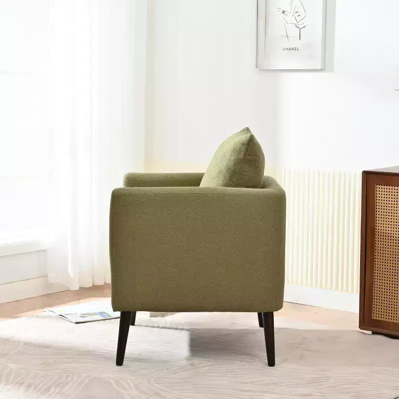 Sillón decorativo tapizado de chenilla/peluche de 29.53W, sillón tipo barril con patas de madera maciza y cojín lumbar