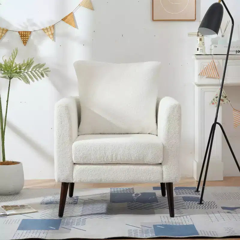 Sillón decorativo tapizado de chenilla/peluche de 29.53W, sillón tipo barril con patas de madera maciza y cojín lumbar