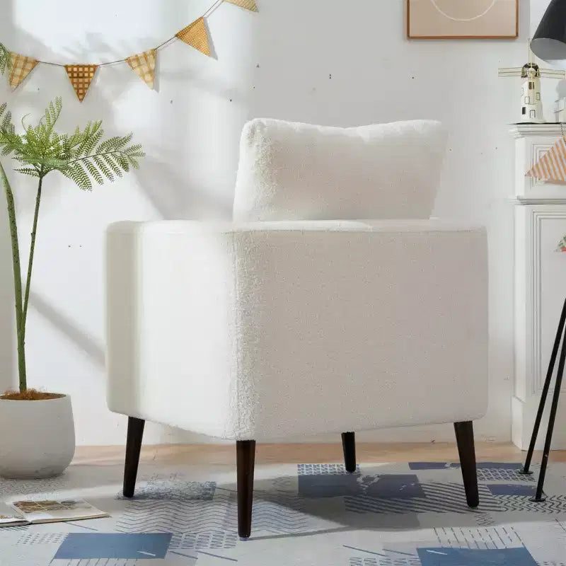 Sillón decorativo tapizado de chenilla/peluche de 29.53W, sillón tipo barril con patas de madera maciza y cojín lumbar