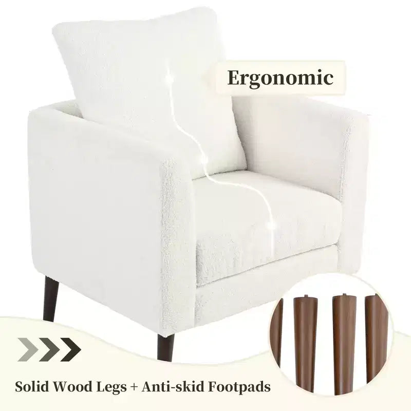 Sillón decorativo tapizado de chenilla/peluche de 29.53W, sillón tipo barril con patas de madera maciza y cojín lumbar