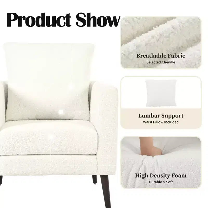Sillón decorativo tapizado de chenilla/peluche de 29.53W, sillón tipo barril con patas de madera maciza y cojín lumbar
