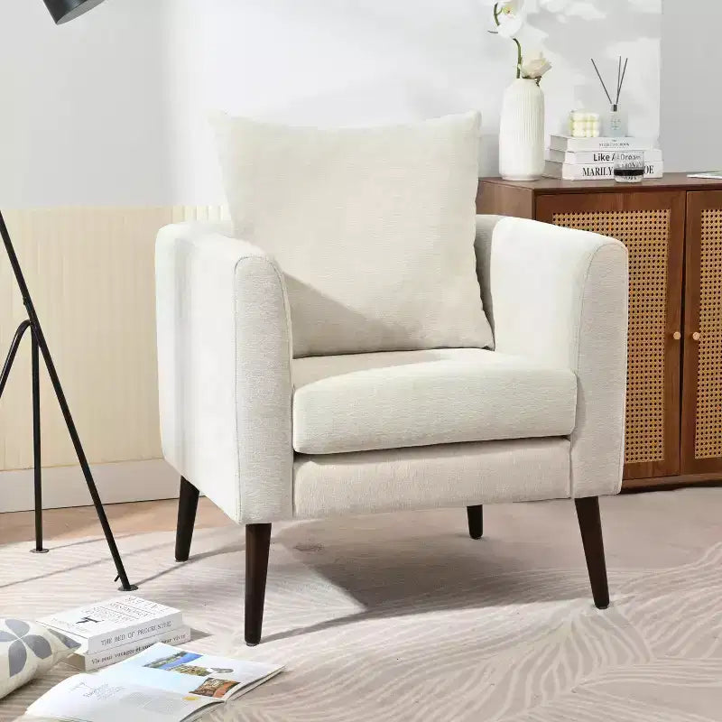 Sillón decorativo tapizado de chenilla/peluche de 29.53W, sillón tipo barril con patas de madera maciza y cojín lumbar