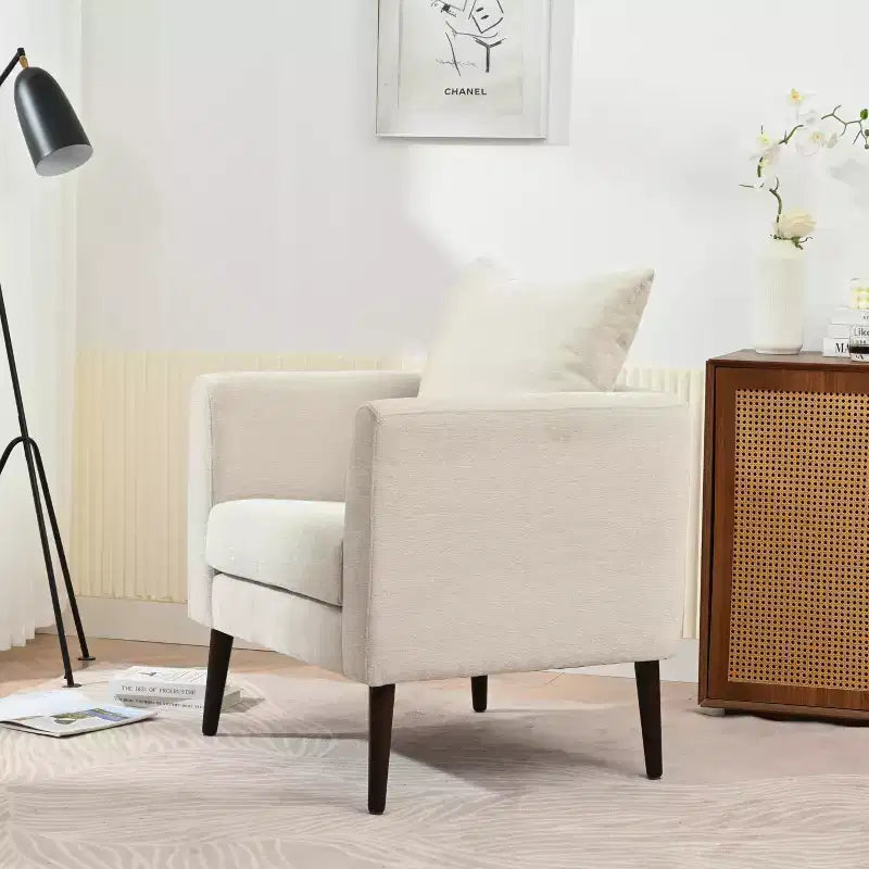Sillón decorativo tapizado de chenilla/peluche de 29.53W, sillón tipo barril con patas de madera maciza y cojín lumbar