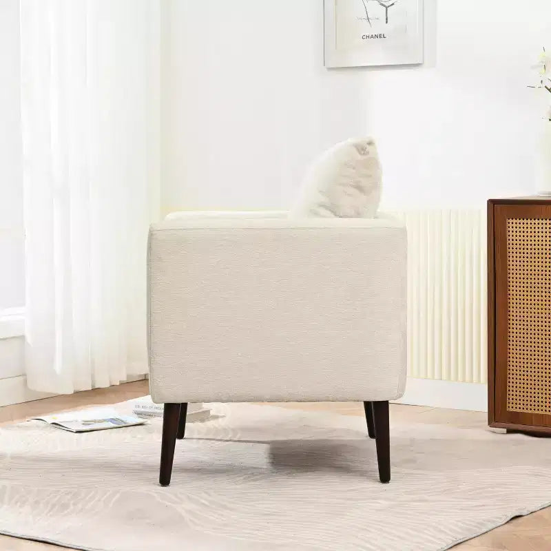 Sillón decorativo tapizado de chenilla/peluche de 29.53W, sillón tipo barril con patas de madera maciza y cojín lumbar
