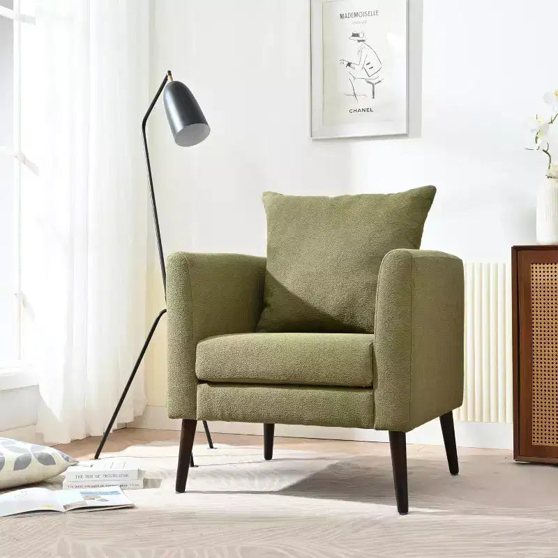 Fauteuil d’appoint en chenille/tissu teddy de 29.53W, fauteuil tonneau avec pieds en bois massif et coussin lombaire