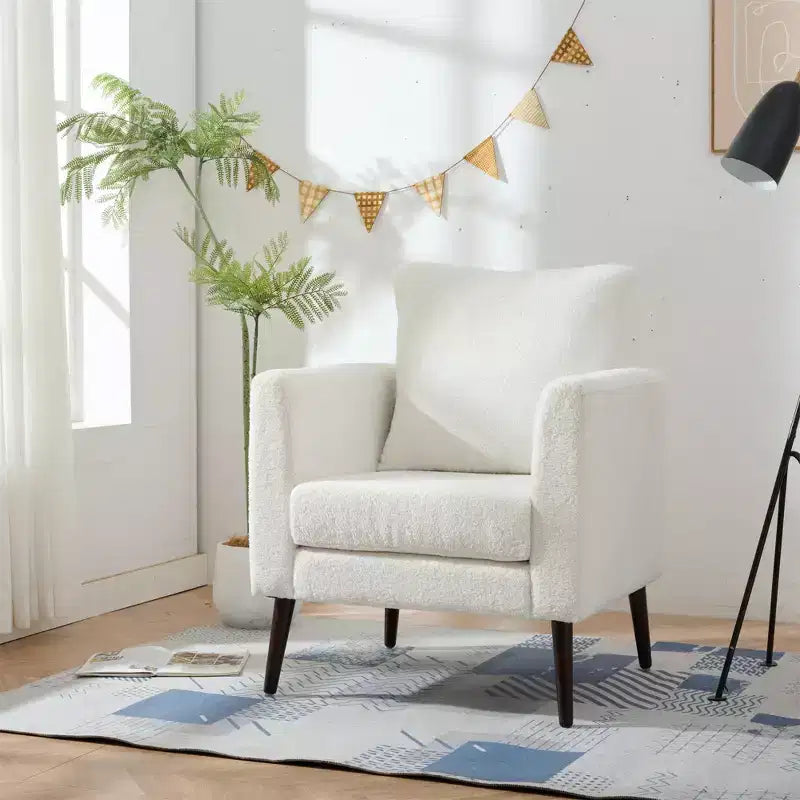 Fauteuil d’appoint en chenille/tissu teddy de 29.53W, fauteuil tonneau avec pieds en bois massif et coussin lombaire