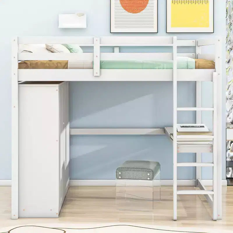 Hochbett in Doppelbettgröße mit Schreibtisch, Einbauschrank, Regalen und Schubladen