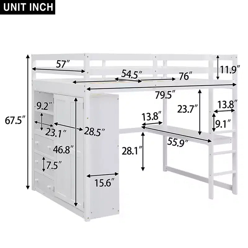 Hochbett in Doppelbettgröße mit Schreibtisch, Einbauschrank, Regalen und Schubladen