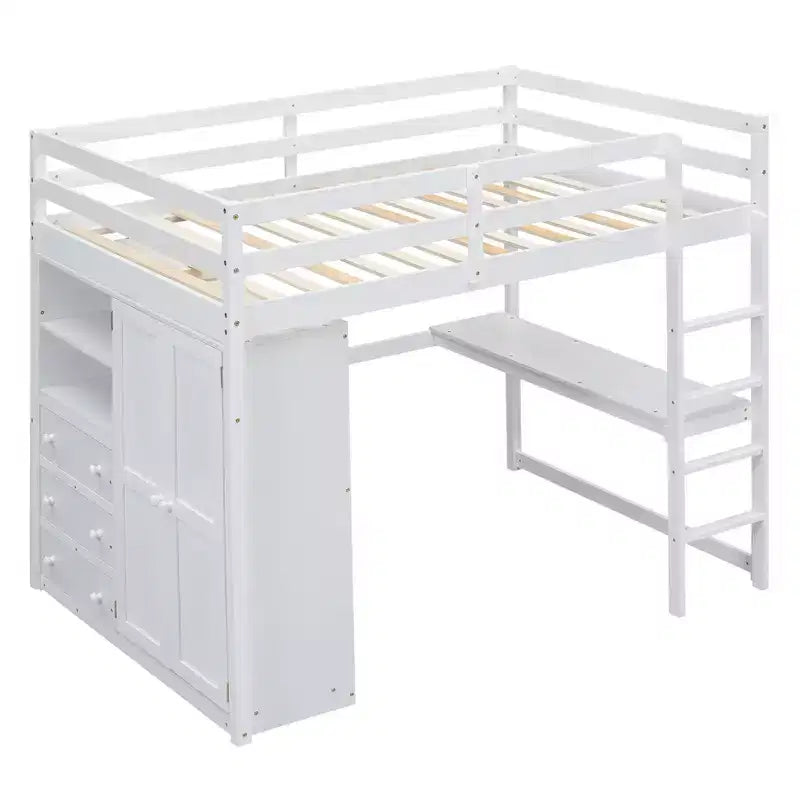 Hochbett in Doppelbettgröße mit Schreibtisch, Einbauschrank, Regalen und Schubladen