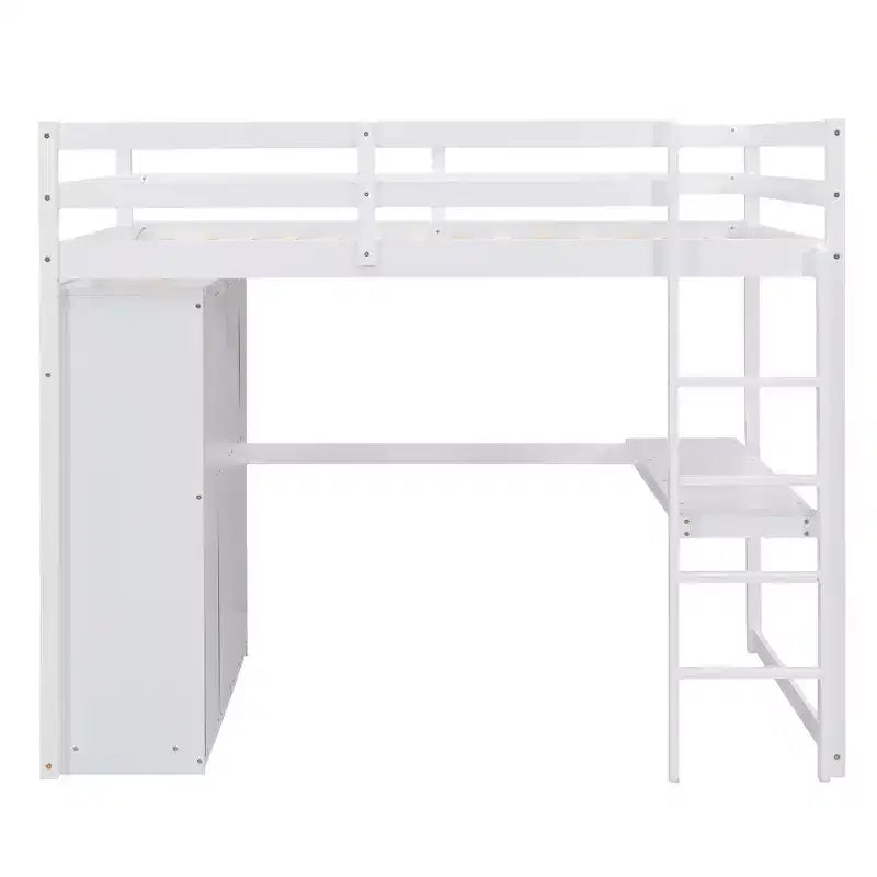 Hochbett in Doppelbettgröße mit Schreibtisch, Einbauschrank, Regalen und Schubladen