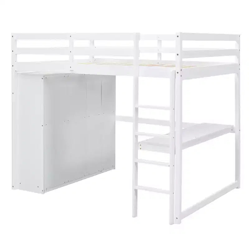 Hochbett in Doppelbettgröße mit Schreibtisch, Einbauschrank, Regalen und Schubladen