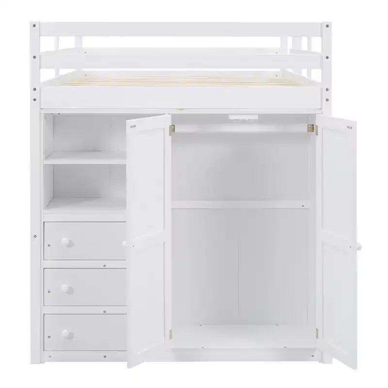 Hochbett in Doppelbettgröße mit Schreibtisch, Einbauschrank, Regalen und Schubladen