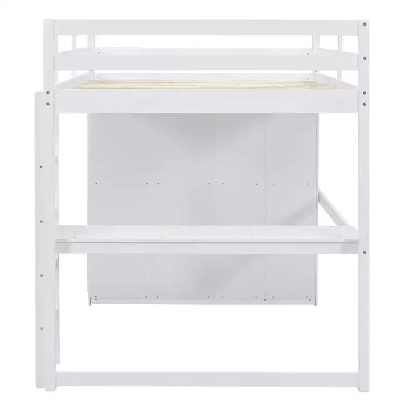 Hochbett in Doppelbettgröße mit Schreibtisch, Einbauschrank, Regalen und Schubladen