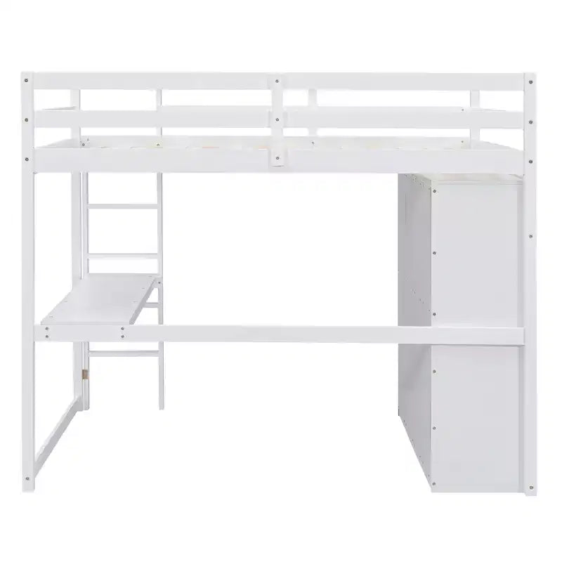 Hochbett in Doppelbettgröße mit Schreibtisch, Einbauschrank, Regalen und Schubladen