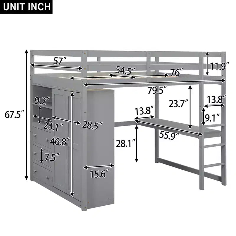 Hochbett in Doppelbettgröße mit Schreibtisch, Einbauschrank, Regalen und Schubladen