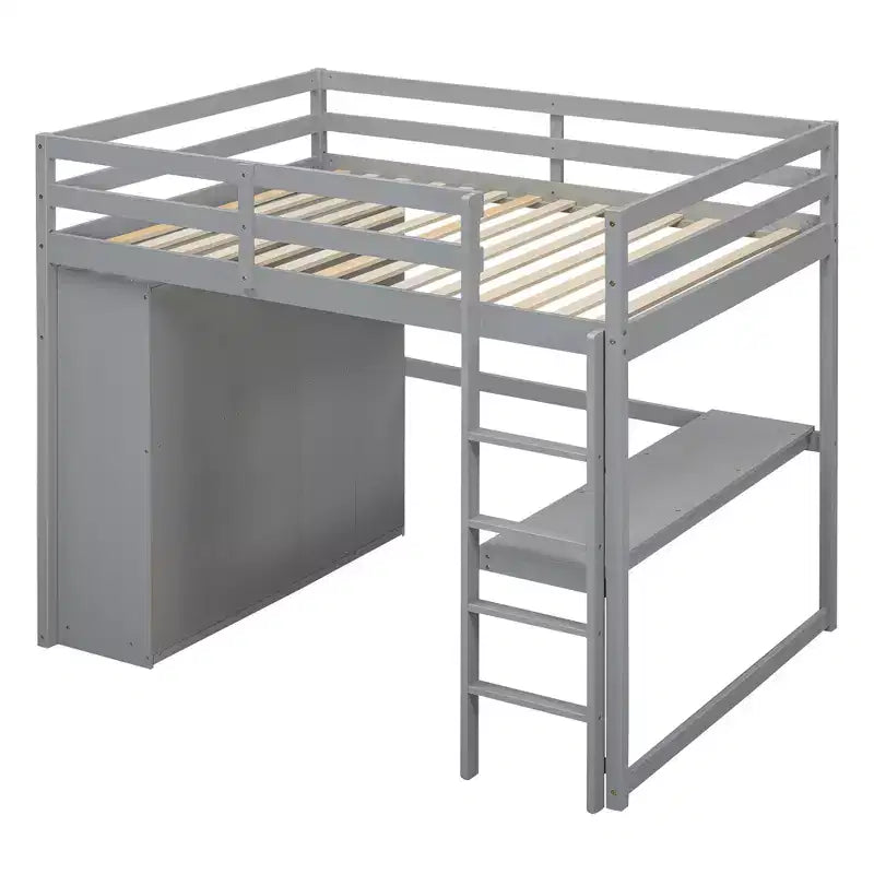 Hochbett in Doppelbettgröße mit Schreibtisch, Einbauschrank, Regalen und Schubladen
