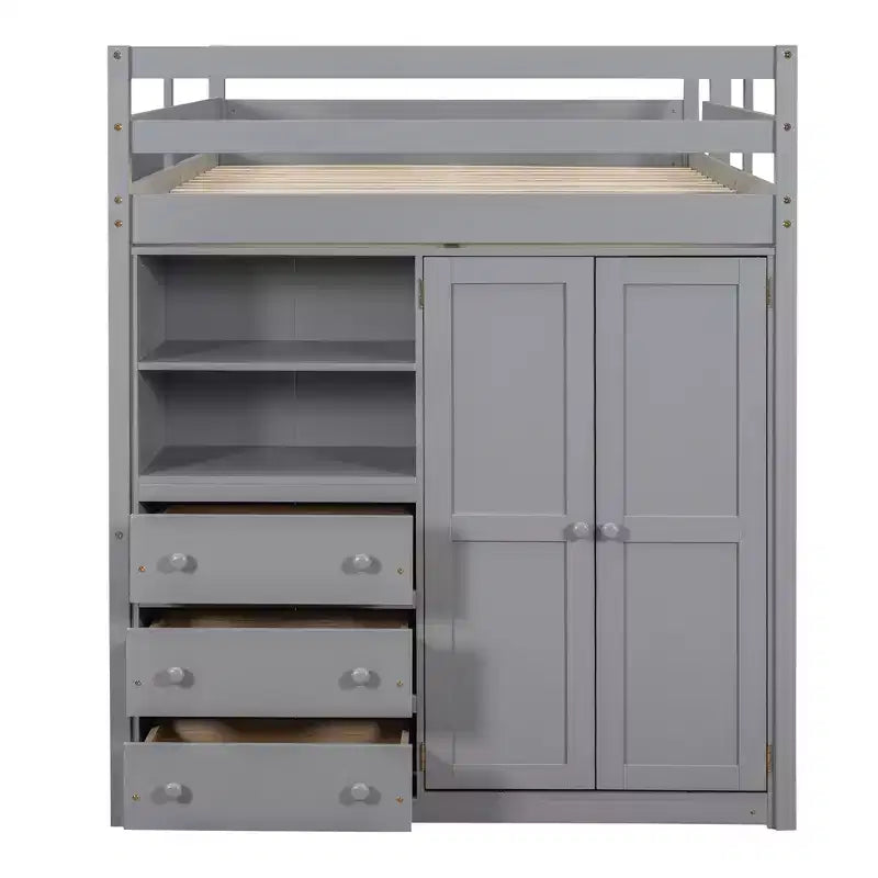 Hochbett in Doppelbettgröße mit Schreibtisch, Einbauschrank, Regalen und Schubladen