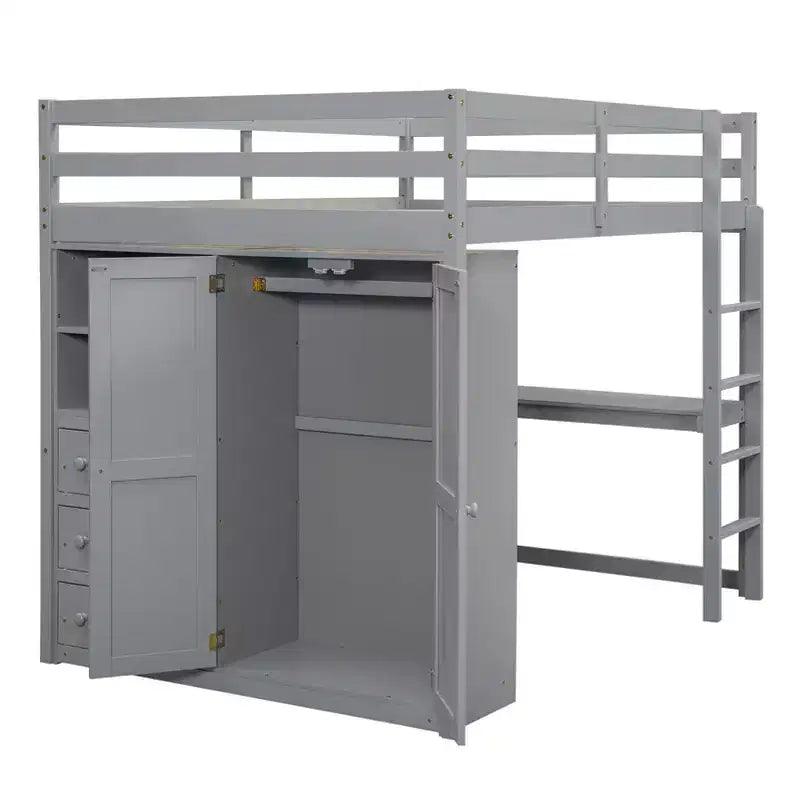 Hochbett in Doppelbettgröße mit Schreibtisch, Einbauschrank, Regalen und Schubladen