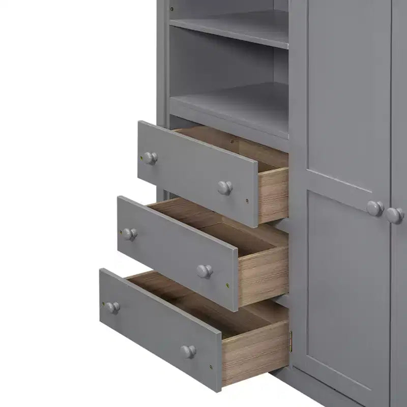Hochbett in Doppelbettgröße mit Schreibtisch, Einbauschrank, Regalen und Schubladen