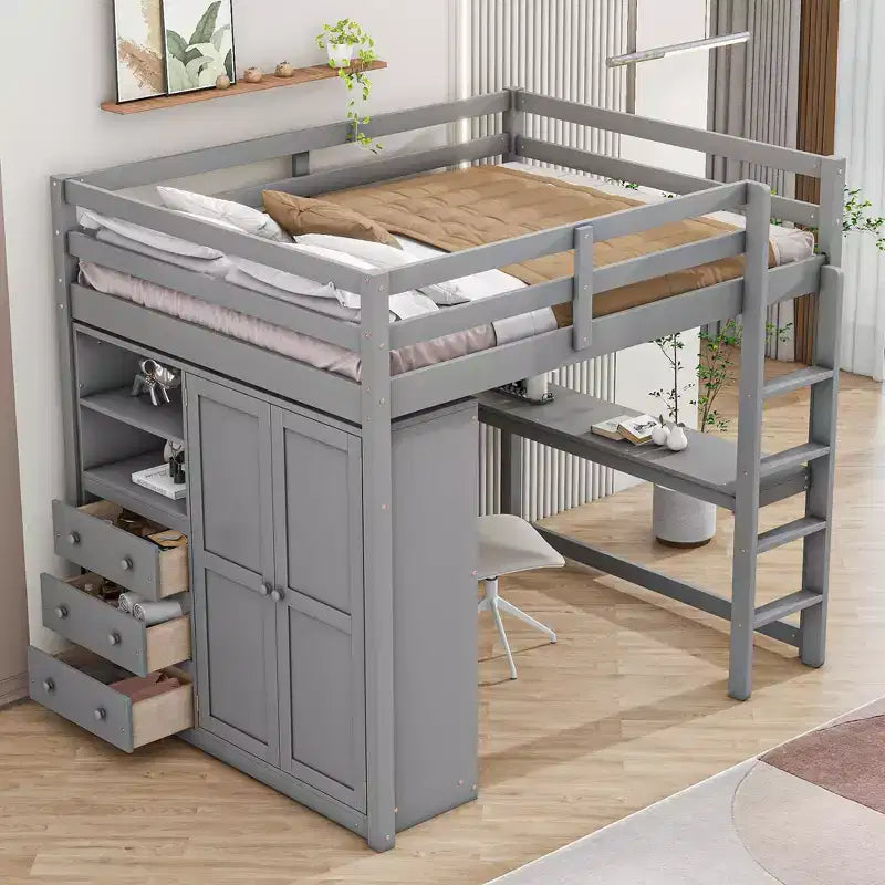 Full Size Loft Bed with Desk, Built-in Wardrobe, Storage Shelves and Drawers - ModernLuxe