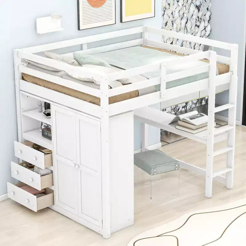 Cama alta de tamaño matrimonial con escritorio, armario empotrado, estantes de almacenamiento y cajones