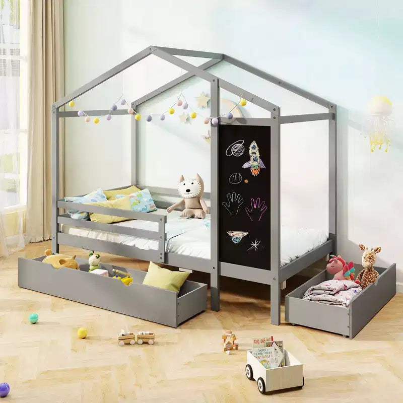 Hausbett in Einzelbettgröße mit 2 Schubladen, Plattformbett aus Massivholz mit Tafel, Weiß/Grau