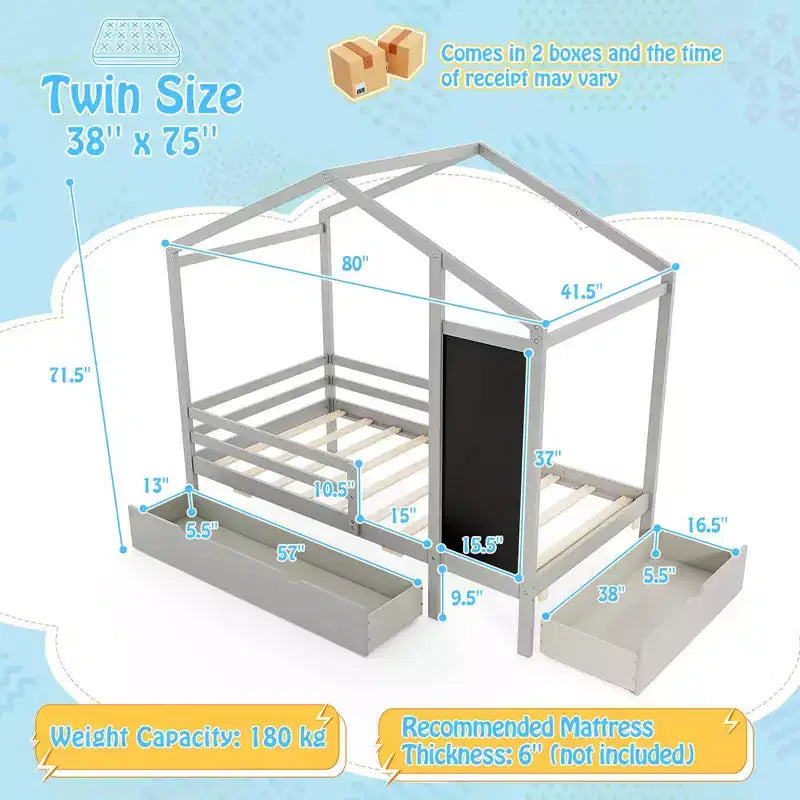 Hausbett in Einzelbettgröße mit 2 Schubladen, Plattformbett aus Massivholz mit Tafel, Weiß/Grau