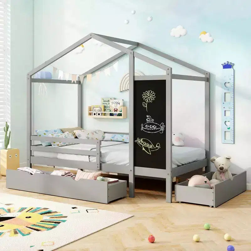 Cama individual estilo casita con 2 cajones de almacenamiento, cama de plataforma de madera maciza con pizarra, blanca/gris
