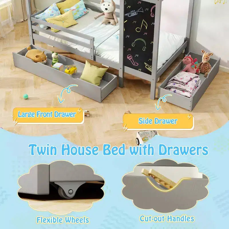 Hausbett in Einzelbettgröße mit 2 Schubladen, Plattformbett aus Massivholz mit Tafel, Weiß/Grau