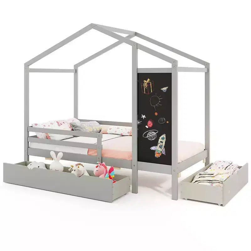 Costway Twin House Bed with 2 Storage Drawers Solid Wood Platform Bed with Blackboard White/Gray