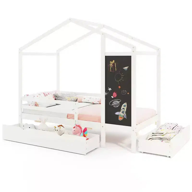 Cama individual estilo casita con 2 cajones de almacenamiento, cama de plataforma de madera maciza con pizarra, blanca/gris