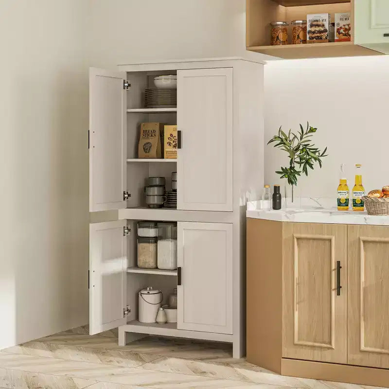 Garde-manger de cuisine à 4 portes de 64, armoire de rangement autoportante avec 3 étagères réglables pour la cuisine, la salle à manger ou le salon, blanc antique