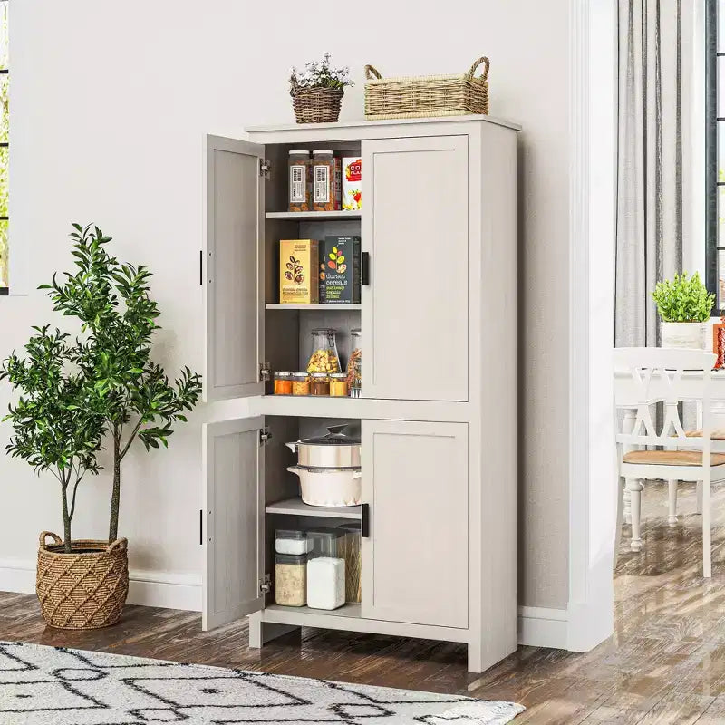 Despensa de cocina de 64 con 4 puertas, gabinete de almacenamiento independiente con 3 estantes ajustables para cocina, comedor o sala de estar, blanco antiguo