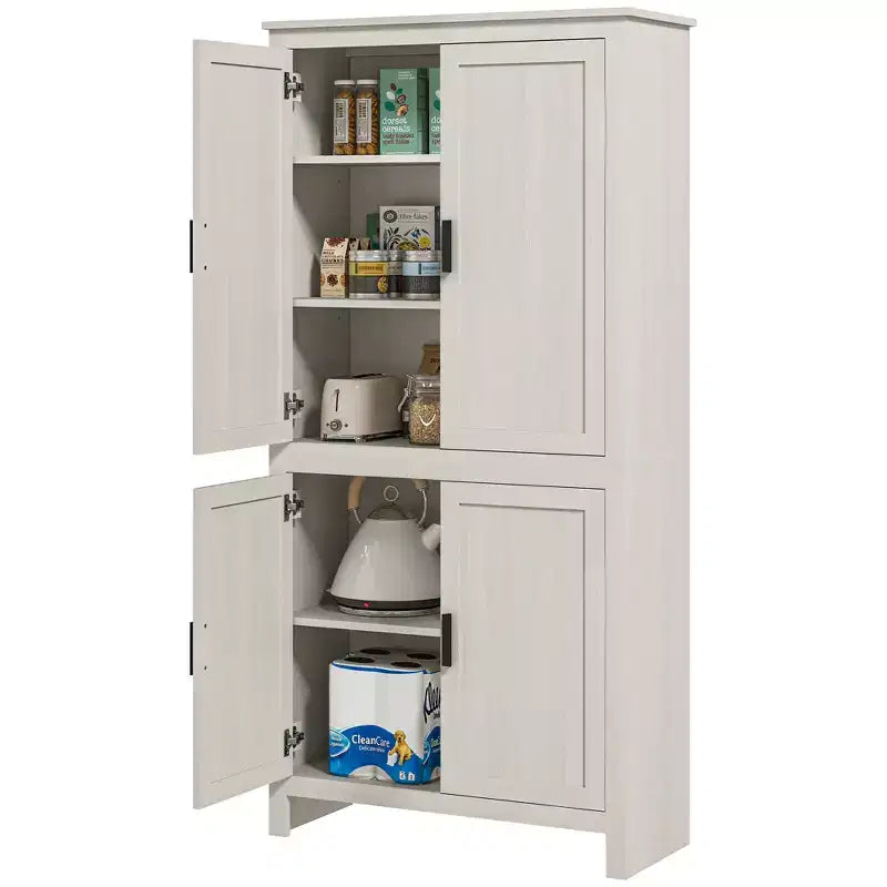 Despensa de cocina de 64 con 4 puertas, gabinete de almacenamiento independiente con 3 estantes ajustables para cocina, comedor o sala de estar, blanco antiguo