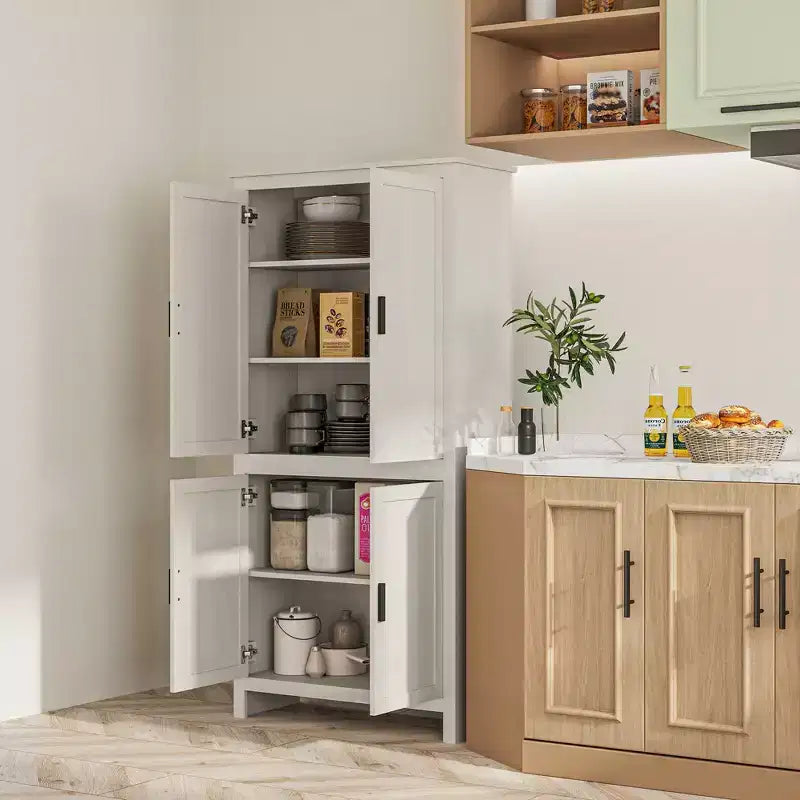 Despensa de cocina de 64 con 4 puertas, gabinete de almacenamiento independiente con 3 estantes ajustables para cocina, comedor o sala de estar, blanco antiguo