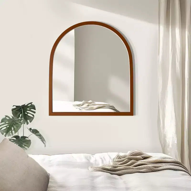 Espejo colgante de madera maciza color nogal, con borde recto y arco en ángulo recto, 90x80x2cm (montaje de doble cara)