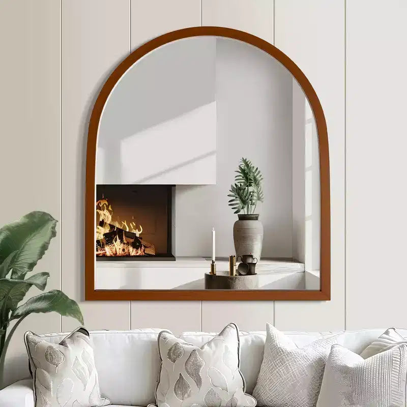 Espejo colgante de madera maciza color nogal, con borde recto y arco en ángulo recto, 90x80x2cm (montaje de doble cara)
