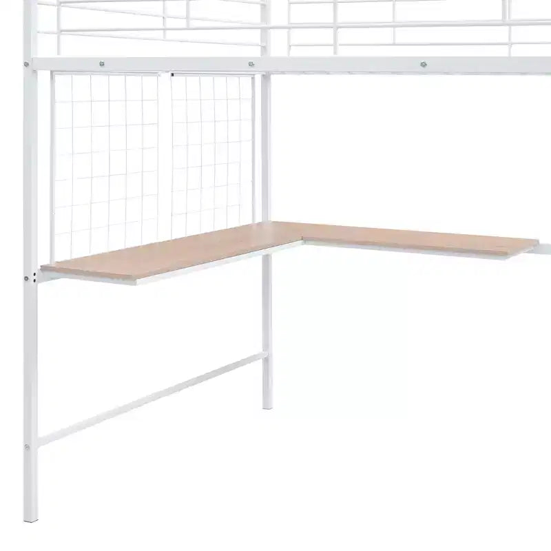 Metall-Hochbett in Twin-/Full-Größe mit Schreibtisch und Metallgitter, stilvolles Metallbettgestell mit seitlicher Stauraumleiter und Kleiderschrank