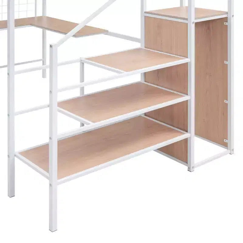 Metall-Hochbett in Twin-/Full-Größe mit Schreibtisch und Metallgitter, stilvolles Metallbettgestell mit seitlicher Stauraumleiter und Kleiderschrank