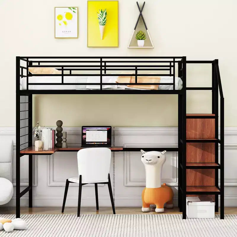 Metall-Hochbett in Twin-/Full-Größe mit Schreibtisch und Metallgitter, stilvolles Metallbettgestell mit seitlicher Stauraumleiter und Kleiderschrank
