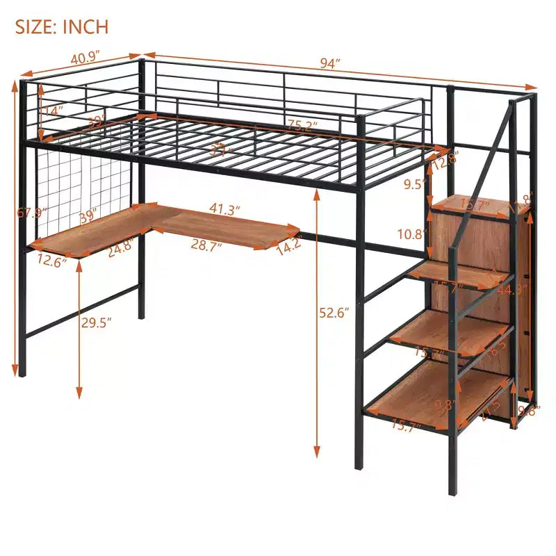 Metall-Hochbett in Twin-/Full-Größe mit Schreibtisch und Metallgitter, stilvolles Metallbettgestell mit seitlicher Stauraumleiter und Kleiderschrank