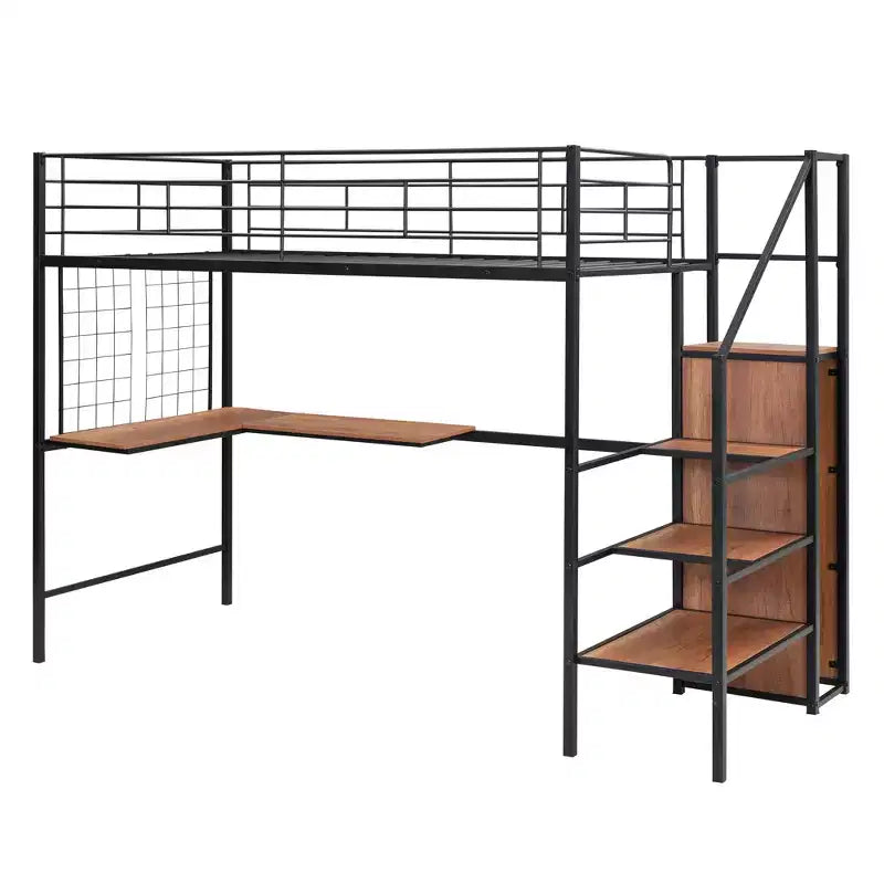 Metall-Hochbett in Twin-/Full-Größe mit Schreibtisch und Metallgitter, stilvolles Metallbettgestell mit seitlicher Stauraumleiter und Kleiderschrank