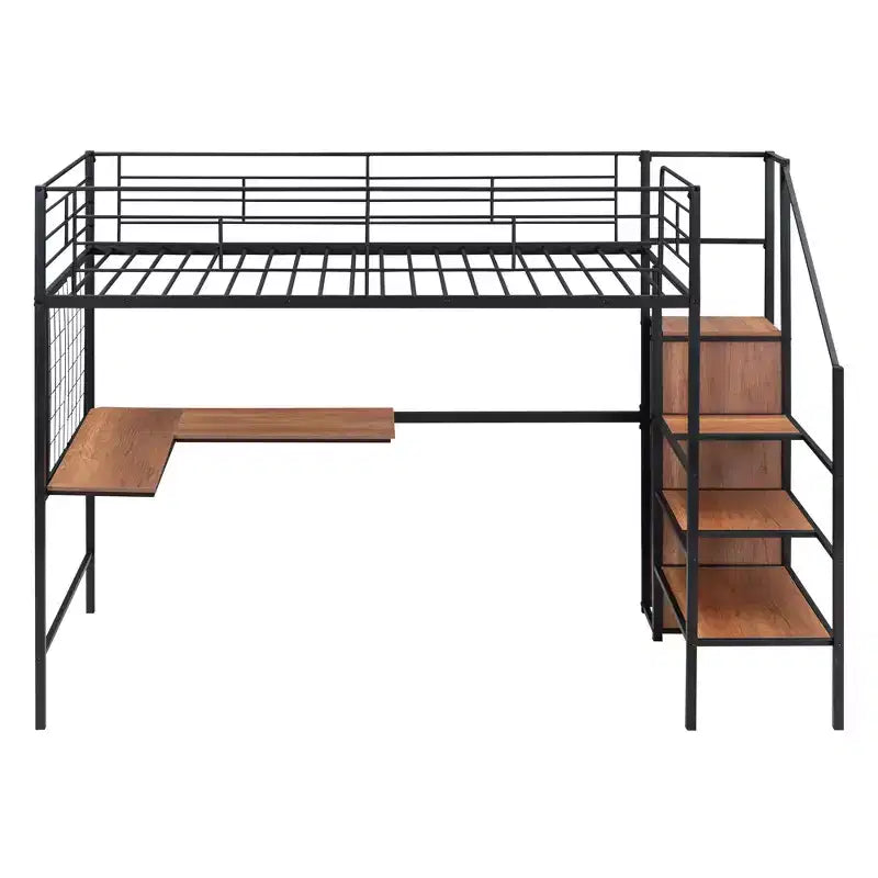 Metall-Hochbett in Twin-/Full-Größe mit Schreibtisch und Metallgitter, stilvolles Metallbettgestell mit seitlicher Stauraumleiter und Kleiderschrank