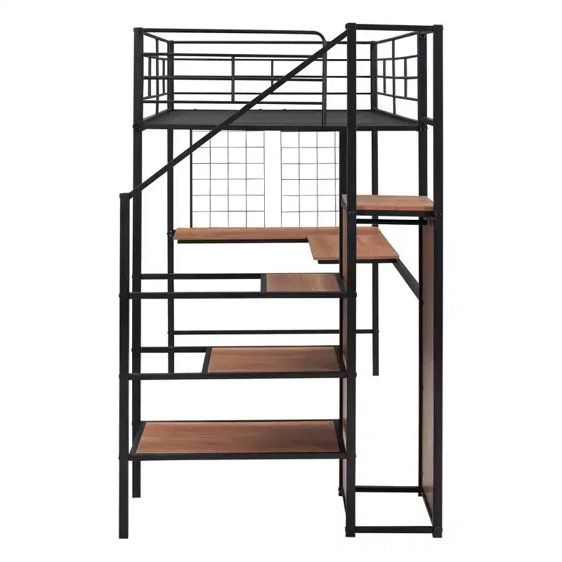 Metall-Hochbett in Twin-/Full-Größe mit Schreibtisch und Metallgitter, stilvolles Metallbettgestell mit seitlicher Stauraumleiter und Kleiderschrank