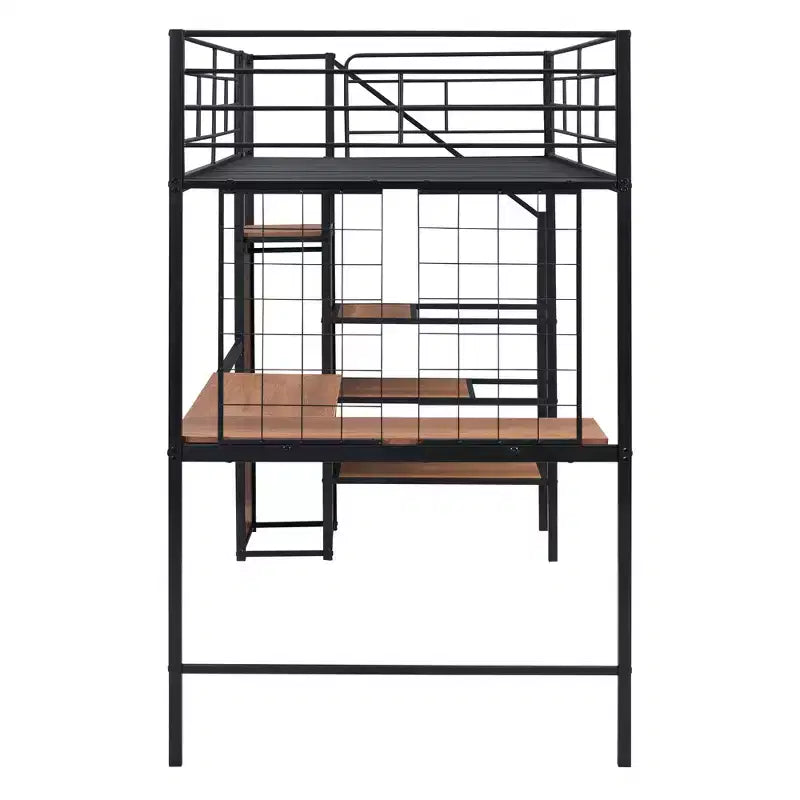Metall-Hochbett in Twin-/Full-Größe mit Schreibtisch und Metallgitter, stilvolles Metallbettgestell mit seitlicher Stauraumleiter und Kleiderschrank