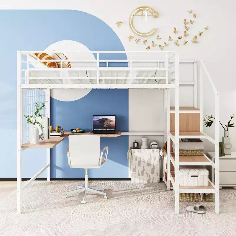 Metall-Hochbett in Twin-/Full-Größe mit Schreibtisch und Metallgitter, stilvolles Metallbettgestell mit seitlicher Stauraumleiter und Kleiderschrank