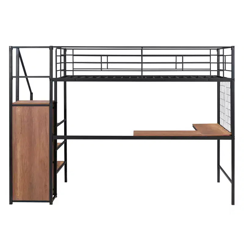 Metall-Hochbett in Twin-/Full-Größe mit Schreibtisch und Metallgitter, stilvolles Metallbettgestell mit seitlicher Stauraumleiter und Kleiderschrank