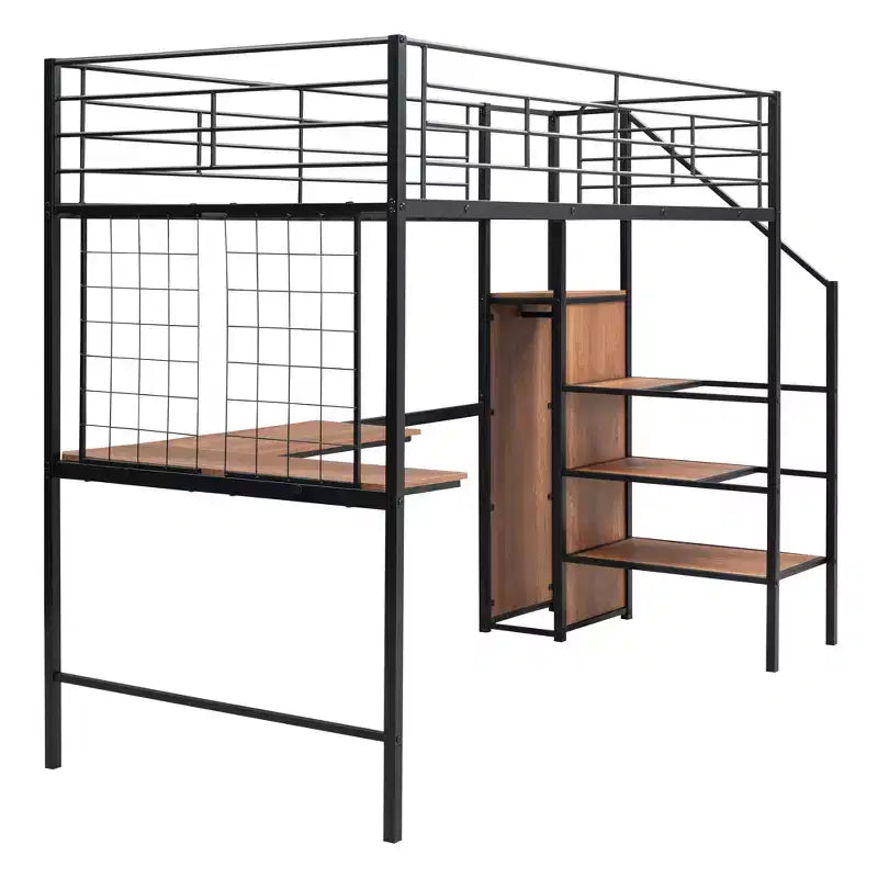 Metall-Hochbett in Twin-/Full-Größe mit Schreibtisch und Metallgitter, stilvolles Metallbettgestell mit seitlicher Stauraumleiter und Kleiderschrank
