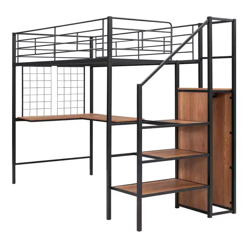 Metall-Hochbett in Twin-/Full-Größe mit Schreibtisch und Metallgitter, stilvolles Metallbettgestell mit seitlicher Stauraumleiter und Kleiderschrank