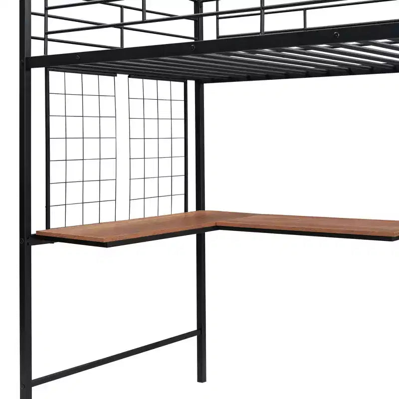 Metall-Hochbett in Twin-/Full-Größe mit Schreibtisch und Metallgitter, stilvolles Metallbettgestell mit seitlicher Stauraumleiter und Kleiderschrank